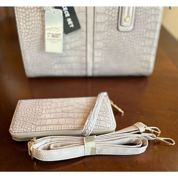 ST. BARRY - NWT 2-Piece Satchel & Wristlet/Stone Grey Croc-Embossed Faux Leather - Picture 7 of 16